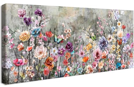Cadre en bois Impression sur Toile Fleurs Vintage Colorées Peinture Poster Mural Papillon Eustoma Peony Phalaenopsis Image sur Toile Grandes Tableau Decoration Murale Salon Chambre Restaurant 50x120cm