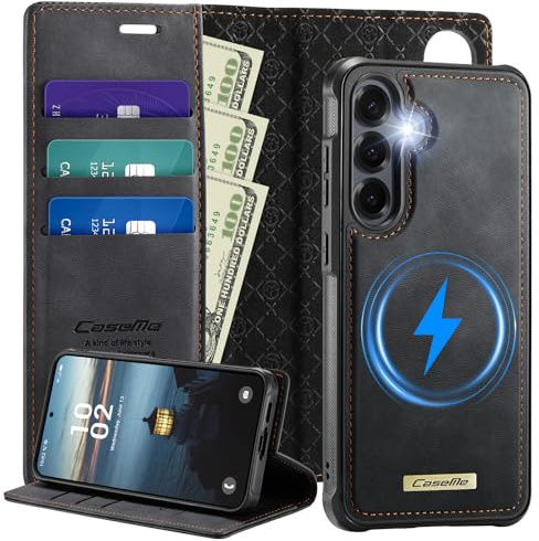 Deisyzy Handyhülle für Samsung Galaxy S25 Hülle [2 in 1 Magnetisch Abnehmbar] [Kabelloses Laden] [RFID-Blockierung] mit Kartenfach Standfunktion, Wallet Flip Case Lederhülle für Samsung S25, Schwarz