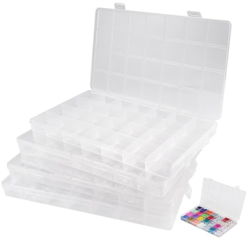 Lytonix 4 Stück Aufbewahrungsbox mit 28 Fächern, Transparente Perlen Aufbewahrungsbox Kleinteile mit Deckel, für Ohrringen, Perlen, Kleinteile, Schmuck, Schrauben, Schrauben, Büromaterial