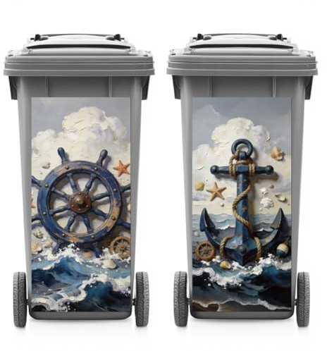 ANATTASOUL 2Pcs Ship Wheel Anchor Wheelie Bin Stickers for Bins Decorative | Waterproof,Dustbin Cover,14.9x 32.2,Adhesive,Large,Funny Decal for Bins, Fridge, Wall, Garden Outdoor, Indoor Decoration