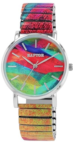 Raptor Ausgefallene Damenuhr Bunt Grün Regenbogen | Armbanduhr Damen außergewöhnlich mit Zugarmband | Besondere Damenarmbanduhr – Modische Uhr Frauen Senioren