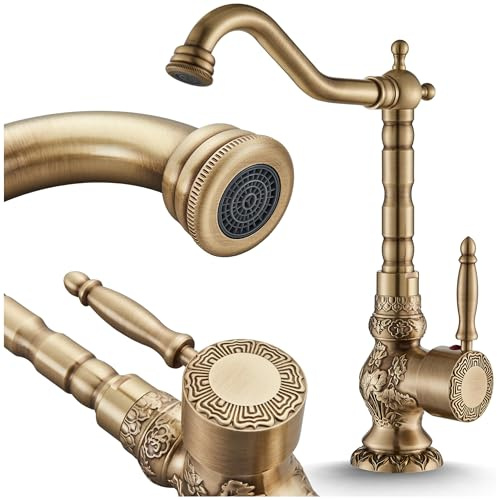 Waschtischarmatur Antique Retro Stil mit schwenkbarem Auslauf 360°, Waschbeckenarmatur aus Messing mit Keramikkartusche, Badarmatur für Badezimmer (Messing, Hoch)
