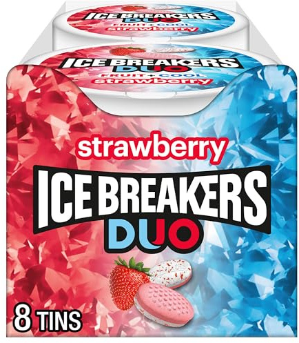 Ice Breakers Duo, Sugar Free Mints, Strawberry and Mint, Pack of 8 x 42 g | Strawberry Sugar-Free Mints with Cooling Crystals, Dual-Sided Tins for Car, Pocket, Desk and Fresh Breath, 8 ct