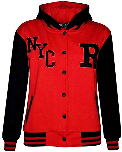 A2Z 4 Kids Boys Girls Hooded Varsity - B.B NYC Red Black 5-6 | Contrast Sleeve Outerwear With Ribbed Trim For Everyday Comfort