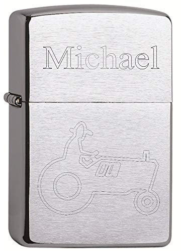 Sturm-Feuerzeug MIT DIAMANTGRAVUR - Treckerfahrer & Wunschtext (z.B. Namen) - Benzinfeuerzeug PL 200 Chrome Brushed Feuerzeug mit Gravur