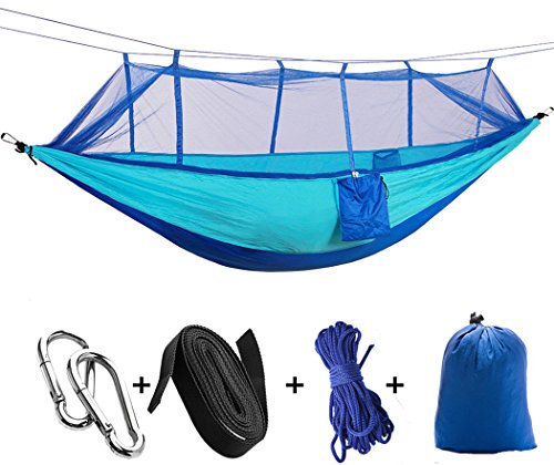 Outdoor-Camping-Hängematten mit Moskitonetz, tragbare Hängematte, Fallschirmzelt für zwei Personen, 260 x 140 cm, Traggewicht: 200 kg, Blau