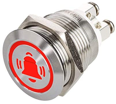 LED Drucktaster mit Glocken-Symbol, Einbau Ø 19 mm flacher Edelstahl-Taster mit farbig beleuchtetem Glocken-Symbol und Schraubkontakten, wasserdicht IP67, AC/DC (Rot)