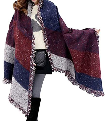 Miss Lulu Damen Winter Schal Kariert übergroßer Quadratisch Deckenschal, Karo Tartan Streifen Plaid Muster Fransen Poncho (Rot)
