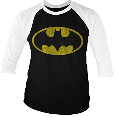 BATMAN Offizielles Lizenzprodukt Distressed Logo Baseball 3/4 Ärmel T-Shirt (Schwarz-Weiß), XX-Large