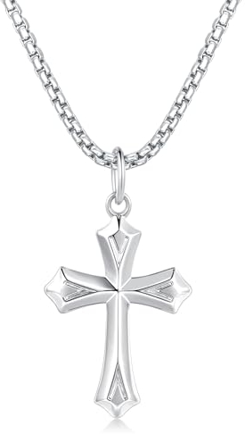 FANCIME 925 Sterling Silber Weiß Vergoldet Kreuz Anhänger mit Edelstahl Kette für Herren Jungs Kinder - Kettenlänge: 60 cm