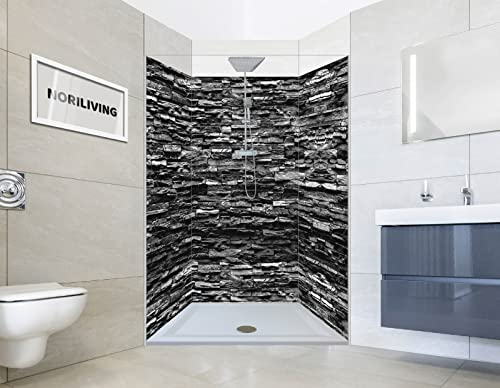 NORILIVING Duschrückwand Fliesenersatz Dusche 90x200 cm Motiv Steinverblender Schiefer schwarz | Duschwand ohne Bohren 3 teilig | Wandverkleidung Bad Aluverbundplatte 3 mm