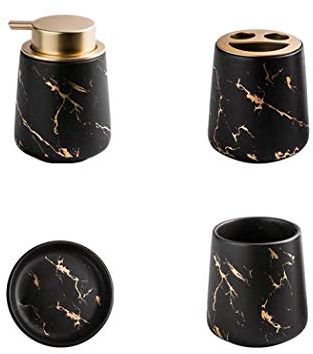 Ensemble de 4 accessoires de salle de bain en céramique marbrée - Distributeur de savon, porte-brosse à dents, gobelet, porte-savon - Noir mat