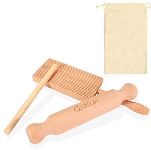 Gaiklia Gnocchibrett mit Pennestab - Authentisches europäisches Buchenholz Garganelli Hausgemachte Nudelabstreifer - komplett mit Penne Rolling Dowel Pin