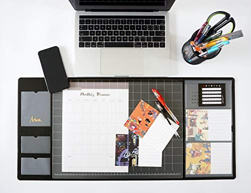 ACHWAI Multifunktionale Schreibtischunterlage, Schreibtisch Zubehör mit Kalender, mit Taschen für Notizen, Monatsplaner, Fotos, Visitenkarten, wasserdicht und rutschfest, 70 x 33 cm, Schwarz