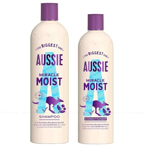 Aussie Miracle Moist XL Shampoo und Haarspülung Set für trockenes, wirklich durstiges Haar mit Macadamianussöl, einem 750 ml Aussie Moist Shampoo und einem 500 ml Moist Hair Conditioner
