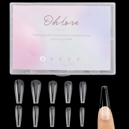 500PCS Coffin Nail Tips Full Cover Clear Acrylic False Nails with Case for Nail Salons and DIY Nail Art, 10 Sizes