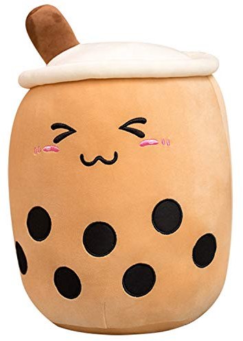 Kekeso Boba Stofftier Plüschkissen Weiches lebensechtes Bubble Pearl Milk Tea Kuschelkissen Cartoon Plüsch Rückenkissen Geschenk Spielzeug (Brown-Small Eyes, 35cm/13.77inch)