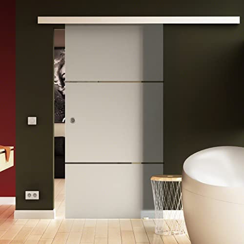 SoftClose-Glas-Schiebetür 1025x2175 mm 2-Streifen-Design Sadora® Slimline-System komplett Laufschiene in Edelstahl-Optik und Muschelgriffen Schiebetür aus Glas für Innenbereich