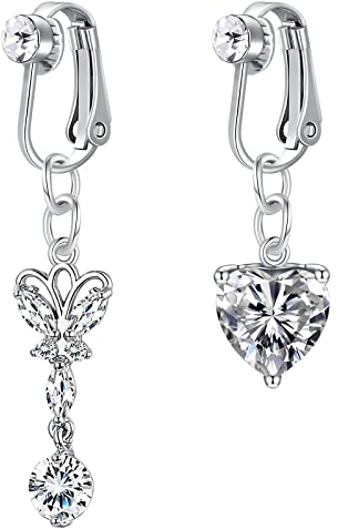 VCMART 2 pièces faux nombril anneaux non percé nombril barre Clip sur avec coeur papillon balancent Faux Piercing bijoux