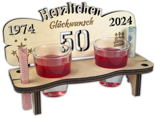 Urhome Schnapsbank mit Jahreszahl 50 Gravur zum Geburtstag, Jubiläum, Jahrestag aus Holz - 2 Schnapsgläser - 50 Jahre Hell Braun