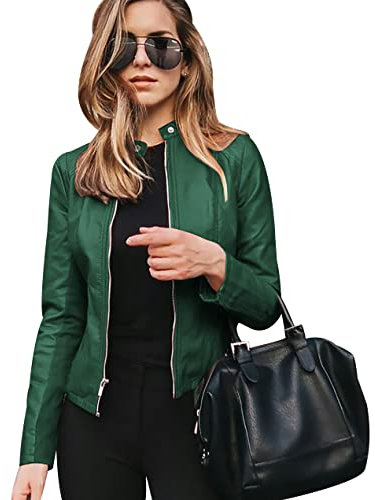 Veste Simili Cuir Femme Blouson Simili Cuir Faux Leather Jacket Femme Veste Biker Blouson Motard Femme Veste Cintrée Imitation Cuir Femme Col Montant PU Grande Taille Blousons Moto Femme Vert M