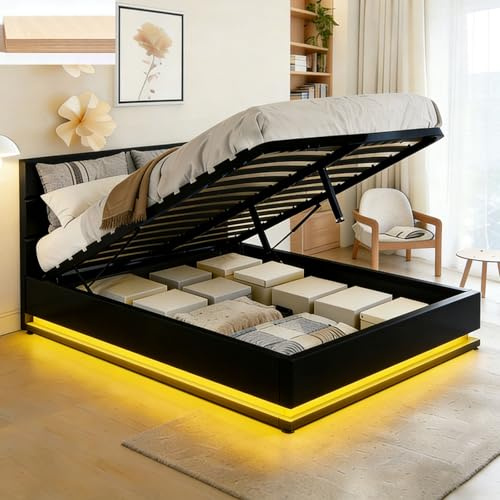 BESTWANTED Gas Lift Ottoman Storage Bed,4FT Small Double Size Bed Frame with Storage, Ottoman Bed with LED Lights, Faux Leather