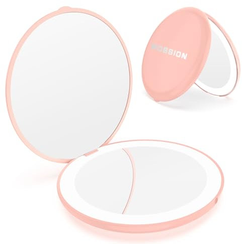 WOBSION Compact Mirror with Light, 1x/10x Magnifying Travel Makeup Mirror, LED Pocket Mirrors for Purse and Handbag, Handheld 2-Sided Small Folding Mirrors, Round, Pink