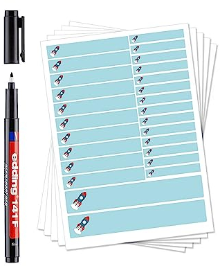 130 Stück Namensaufkleber zum Selbstbeschriften (Motiv Rakete/Blau) incl. Stift Set-Bögen Mini/Mittel/Groß/Wasserfest/Kratzfest für Innen und Außen