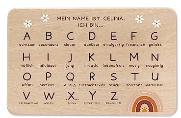wunderwunsch - Individuelles Holzbrett ABC zur Einschulung mit Hochwertigem UV-Druck - Personalisiertes Frühstücksbrettchen - Geschenk Schulanfang
