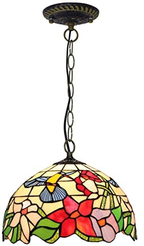 PAZWAHF Vintage Tiffany Pendelleuchte mit Vogelmuster - Buntglas Hängelampe im Jugendstil, 30cm Breite, 90cm Höhe - Für Kücheninsel, Esstisch, Flur, Wohnzimmer Dekoration