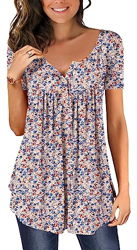 Magritta Women Plus Size Tunic Tops Ladies Summer Shirts Short Sleeve V Neck Floral Printed Blouses Lace Ruffle Swing Tops for Leggings Flesh Blue XX-Large