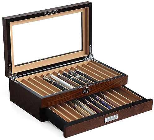 Bonaking Pen Display With 24 Slots, Wood Storage Organizer, Glass Window Box for Men Gift (Brown Ash Veneer Finish, Camel Velvet)