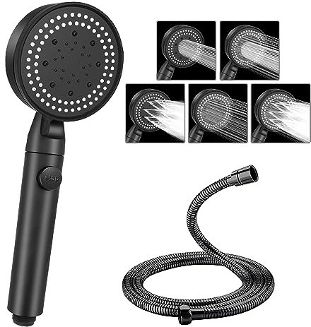 Shower Head and Hose, 5 Mode Water Saving Shower Heads Set, Powerful Handheld Showerhead with Water Stop Botton (Black)