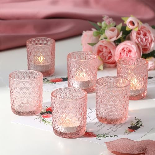 12 Stück Glas Teelichtgläser Votivkerzenhalter, Teelicht Kerzenhalter für Tisch-Mittelstück, Glas Kerzenhalter Hochzeit Mittelstücke Weihnachten Mittelstücke für Tisch Home Decor Rosa