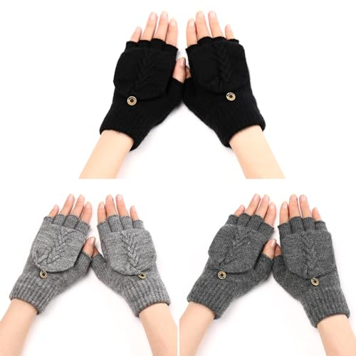 Forreen Handschuhe Fingerlos Damen Herren, 3 Pairs Fingerlose Handschuhe Convertible Warm Winter Strick Fingerhandschuhe mit Flip Abdeckung für Innen und Außen