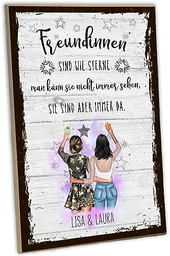 schilderkreis24 - Personalisiertes Holzschild mit anpassbarem Design für die beste Freundin - Einzigartige Geschenkidee für besondere Anlässe, Wand- oder Tischdeko (Freundinnen sind wie Sterne)