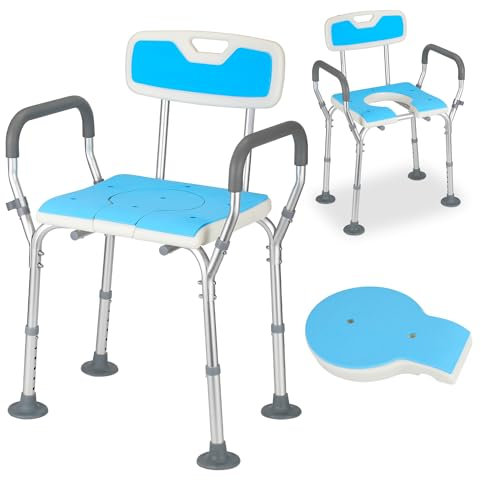 Vigevee Sedia da doccia regolabile in altezza 3 in 1, con schienale e bracciolo, antiscivolo, telaio di sicurezza per WC rialzato, portata 135 kg