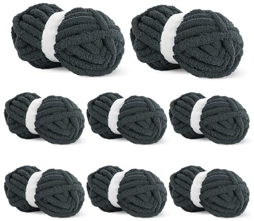 BALAPET 8 Pack Chunky Chenille Yarn for Crocheting & Knitting, 27yds 8 oz Each Skein Soft Fluffy Kitting Yarn Set, Thick Velvet Plush Yarn for Handcrafts Weaving Making Blankets, Dark Grey