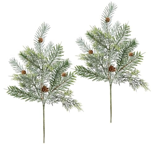 Künstlicher Tannenzweig mit Zapfen Kunstzweig Dekozweig Tannengrün Koniferen Deko Weihnachtsdeko Stiel Gesteck Kränze Kranz Adventskranz Girlande AST Zweig Weihnachten Dekoration Kunstblume, 2er Set