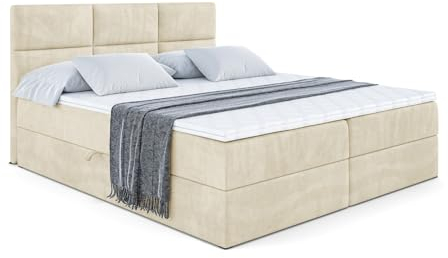 ALTDECOR Boxspringbett mit Matratze und Lattenrost, Boxbett, Topper, Polsterbett mit Bettkasten, Bett mit Stauraum H3-Matratze, Doppelbett, Springboxbett Ohio - 140x200 - Beige Monolith 04