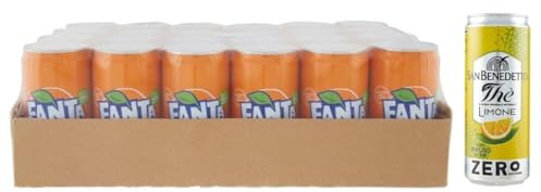 24er-Pack Fanta Original,Erfrischendes Alkoholfreies Getränk mit Orangensaft,Einweg-Dose 250ml + 1er-Pack Kostenlos San Benedetto Eistee mit Zitrone Ohne Zucker 330ml Dose