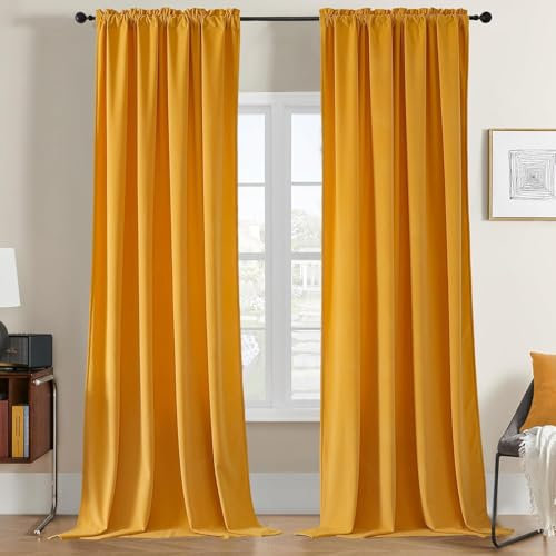 Joydeco Wohnzimmer Samt Gardinen 2er Set H 245 x B 132 Senfgelb Elegant Samtvorhang Verdunklungsvorhänge Thermovorhang Kälteschutz Blickdicht Schlafzimmer