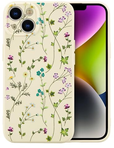 RALEAVO Flower Case for iPhone 14, Liquid Silicone Shockproof Protection Case Cover for Girls Women with Aesthetic Cute Floral Patterns Soft Slim Phone Case for iPhone 14 6.1-Beige