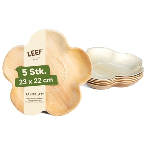 Leef 5x Palmblatt Teller Blume - Deko und Snack Schale kompostierbar und naturbelassen - 23 x 22 x 2.5 cm