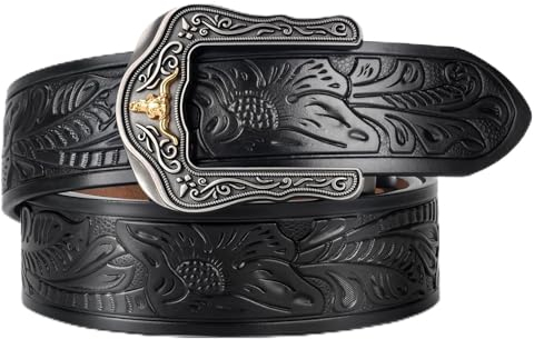 PlusZis Herren Westerngürtel Leder Ratschengürtel Cowboy-Gürtel, Dunkelschwarz 01, 90 cm/105 cm Taille