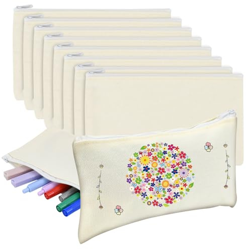 SPEACOUR 10 Stück DIY Blanko Stoffbeutel, Canvas Mäppchen, Segeltuch Kosmetiktasche, Stoff Federmäppchen, Mäppchen zum Bemalen, Weiße DIY-Basteltasche zum Malen, Reisen, Basteln, Schule – 21 x 12 cm