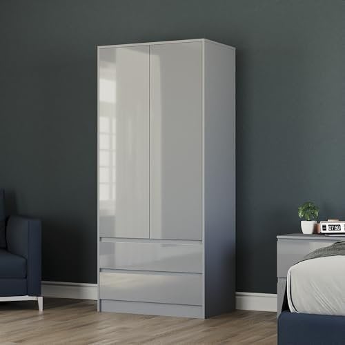 Vida Designs Glinton High Gloss 2 Door 2 Drawer Wardrobe Bedroom Storage Organiser with Hanging Rail Modern Furniture 100% FSC Certified (Grey, 2 Door 2 Drawer)