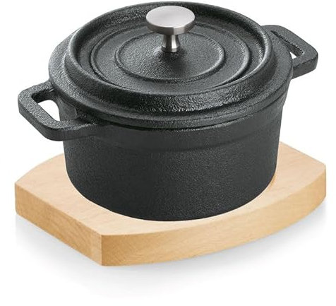 8 x Cocotte Negro Hierro fundido Ø 10 cm con tapa + 8 x posavasos de madera