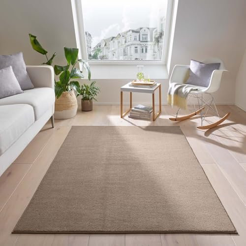 Teppich Kurzflor waschbar sehr weich für Wohnzimmer Esszimmer und Kinderzimmer Flachflor Uni Einfarbig Taupe 140x200 cm