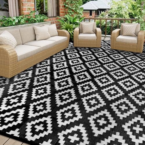 Homcomodar Outdoor Teppich für Patio Clearance 245x305cm UV-beständige Camping Matte Kunststoff Stroh Teppiche Patio Teppich Reversible Matten für BBQ Picknick Deck(Schwarz)